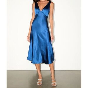 Lulus Incredible Love Royal Blue Satin V Neck Cowl Back Midi Slip Dress XS